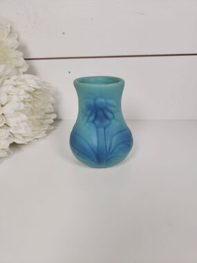 Vintage Van Briggle Pottery Blue Daisy Bud Vase | Matte Turquoise Arts & Crafts